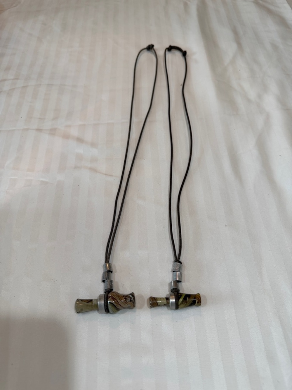 Handmade Glass Duck Call Pendant Necklace Pair - Olive Green Swirl